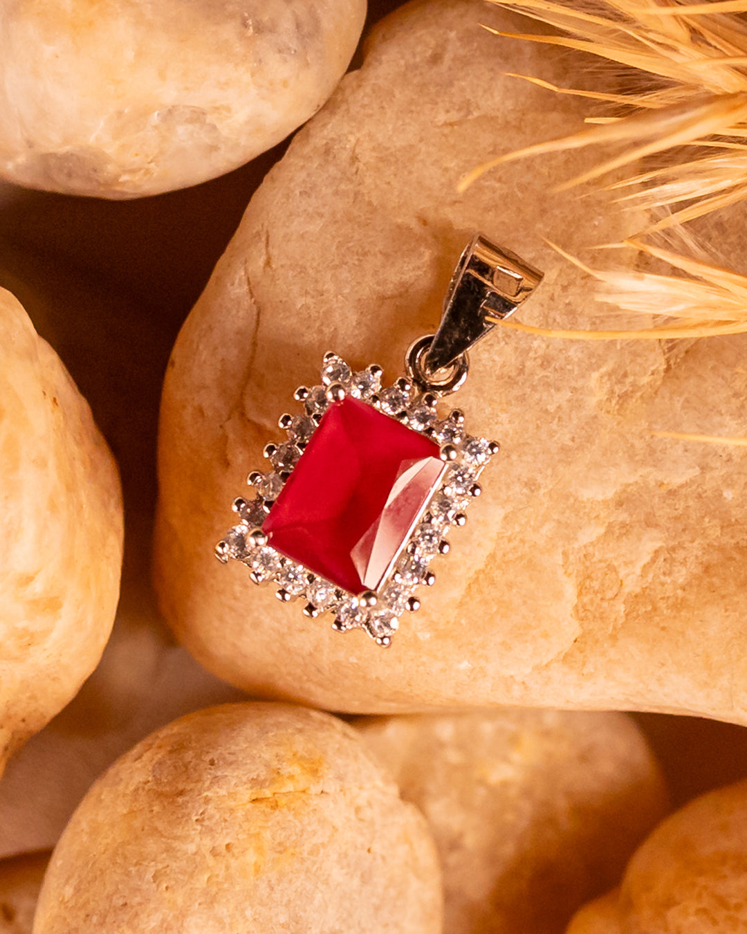 Silver Rectangular Ruby Pendant