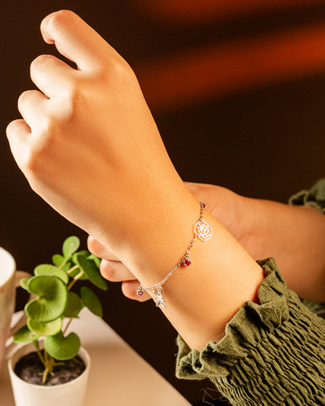 Sterling Silver Butterfly & Ruby Garden Anklet