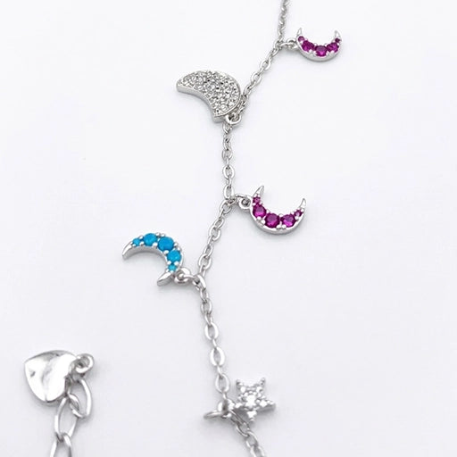 Sterling Silver Multi-Color Moon & Stars Anklet